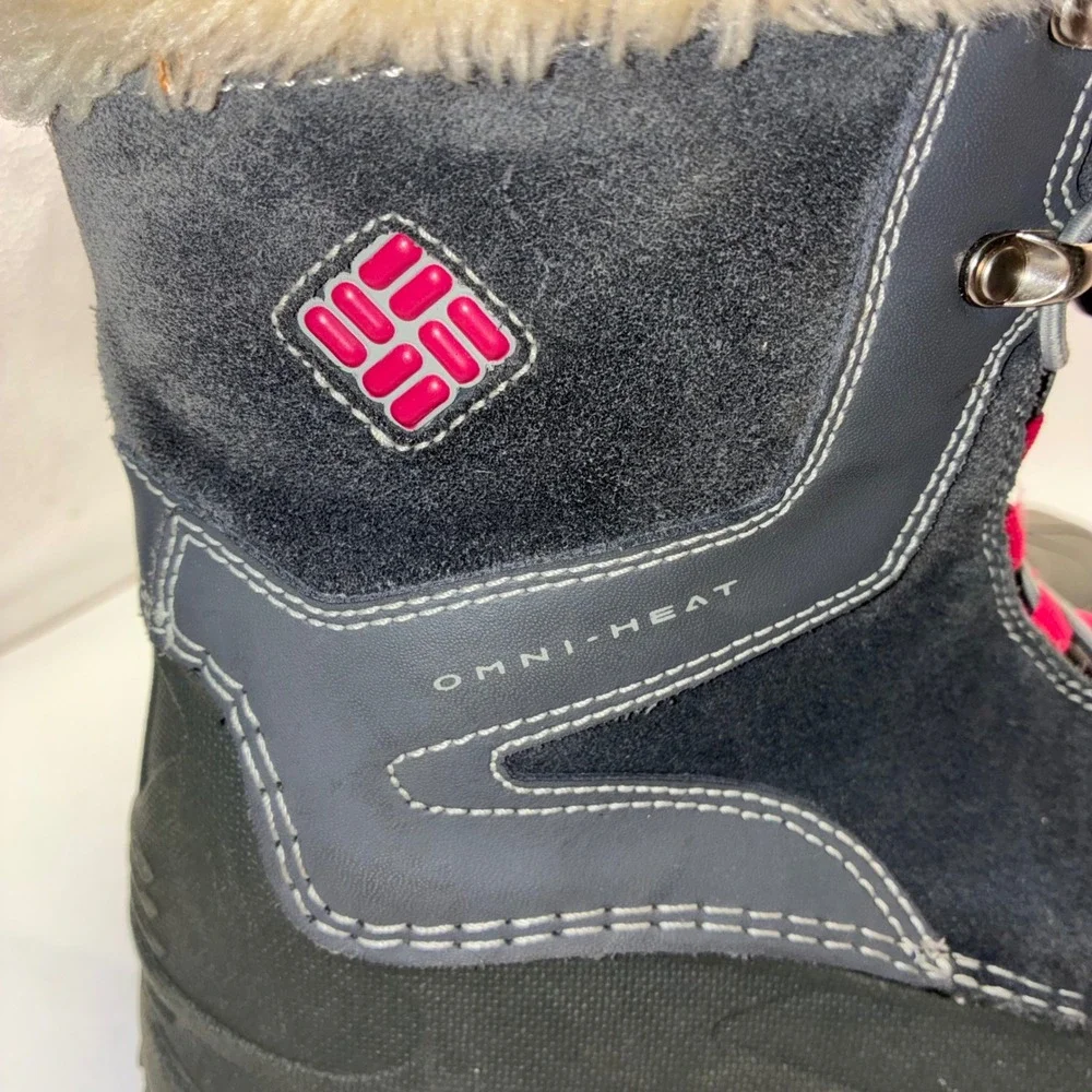 Columbia Omni-Heat Winter Boots Grey Pink Faux Fur Suede‎ Snow Boots Womens